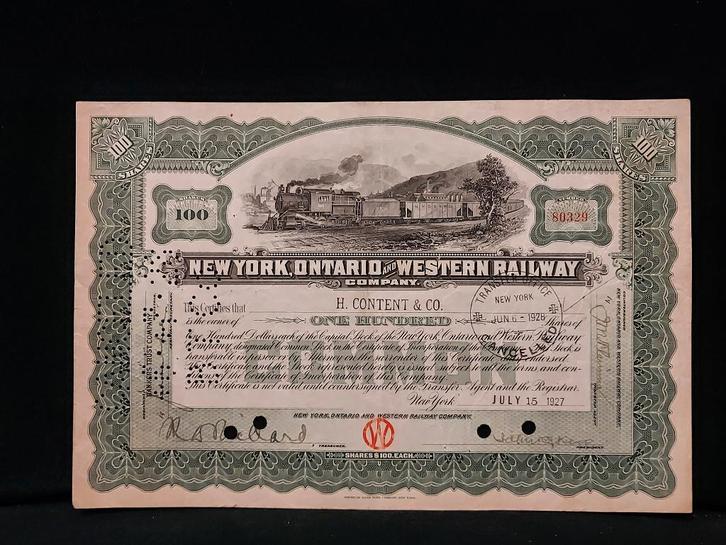 Vintage Amerikaans spoorwegaandeel, New York, Ontario, 1927, Verzamelen, Spoorwegen en Tram, Gebruikt, Trein, Overige typen, Ophalen of Verzenden
