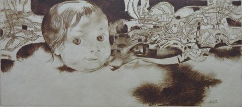 ENDRE SZAS / BABYHOOFD / BRUINE ETS / 41x59cm, Antiek en Kunst, Kunst | Litho's en Zeefdrukken, Ophalen of Verzenden