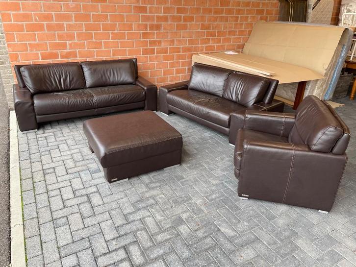 Leder salon + poef / goede staat, Huis en Inrichting, Zetels | Zetels en Chaises Longues, Gebruikt, Leer, Ophalen