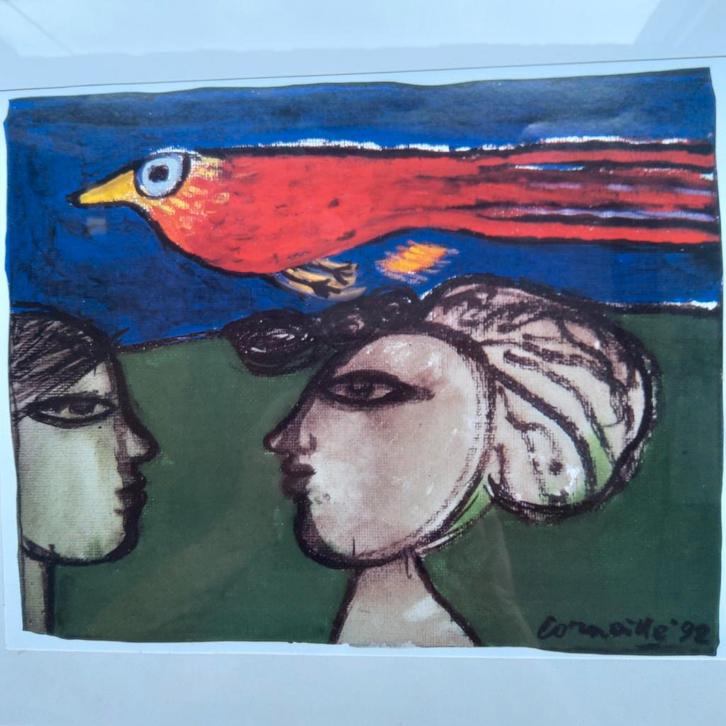 Ingelijste reproductie van Corneille. "Une Oiseau Passe.", Huis en Inrichting, Woonaccessoires | Schilderijen, Tekeningen en Foto's