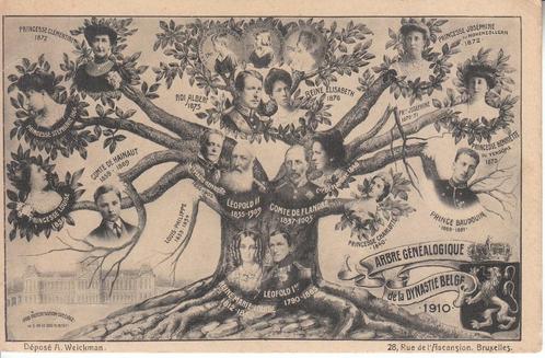Postkaart - Stamboom van het Belgisch koningshuis uit 1910, Verzamelen, Koningshuis en Royalty, Gebruikt, Kaart, Foto of Prent