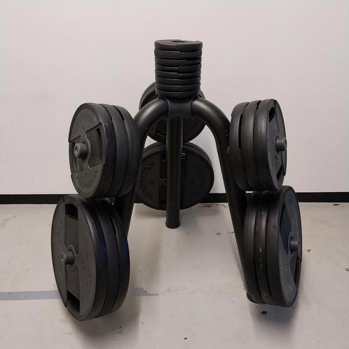 Technogym Olympische pu Gewichten schijven + Technogym rack, Sport en Fitness, Fitnessmaterialen, Zo goed als nieuw, Ophalen