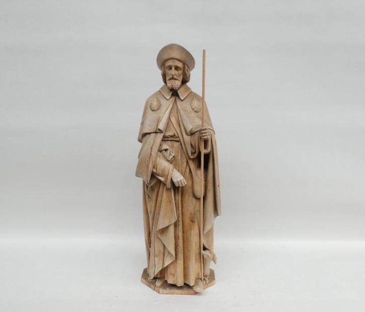 "Sint Rochus" antiek houten beeld, hoogte 65cm., Antiek en Kunst, Antiek | Religieuze voorwerpen, Ophalen