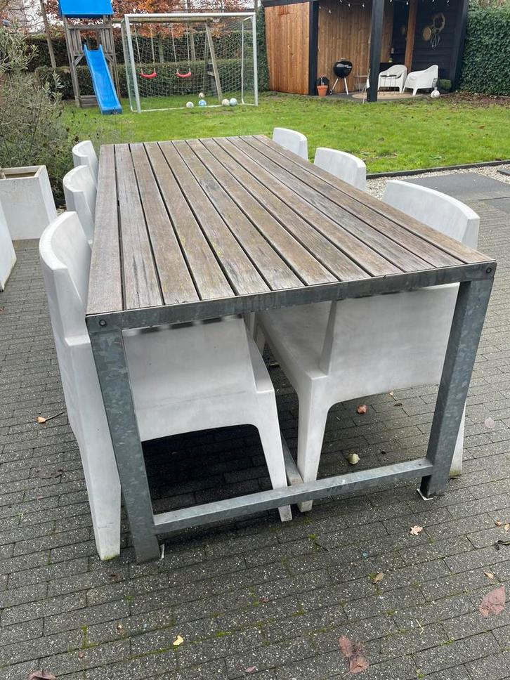 Tuinset gegalvaniseerd staal/6stoel/hardhout dek, Tuin en Terras, Tuinsets en Loungesets, Zo goed als nieuw, Tuinset, Hardhout