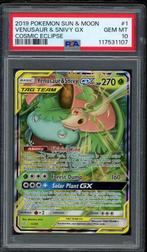 Venusaur & Snivy GX PSA 10 - 1/236 - Cosmic Eclipse 2019, Ophalen of Verzenden, Zo goed als nieuw, Losse kaart