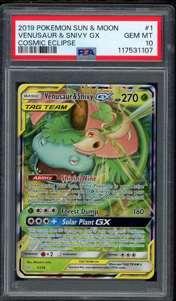 Venusaur & Snivy GX PSA 10 - 1/236 - Cosmic Eclipse 2019, Hobby en Vrije tijd, Verzamelkaartspellen | Pokémon, Zo goed als nieuw