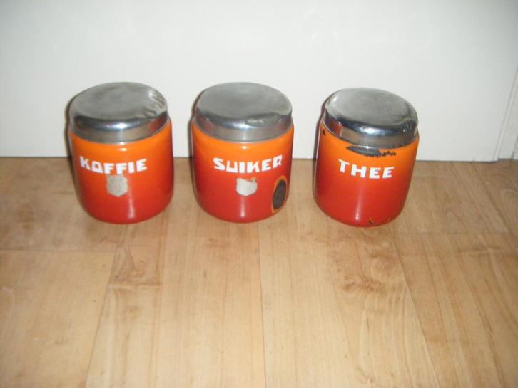 Antieke emaille DRU voorraadbussen,blikken,oranje gevlamd, Antiek en Kunst, Antiek | Email, Ophalen of Verzenden