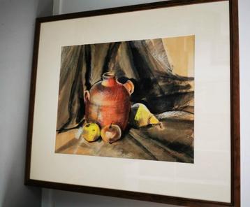 Stilleven in pastel en bister, 75 X 85, ingekaderd, n.o.t.k. beschikbaar voor biedingen