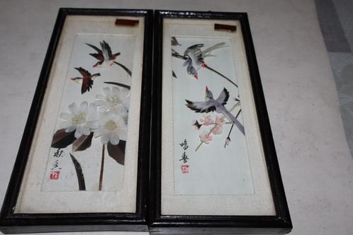 2 Chinese kadertjes met vogeltjes in diepte reliëf, Antiek en Kunst, Kunst | Schilderijen | Klassiek, Ophalen of Verzenden