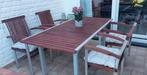Table de jardin, 4 chaises avec coussins - teck et aluminium, Ophalen, Zo goed als nieuw, Hardhout, Loungeset
