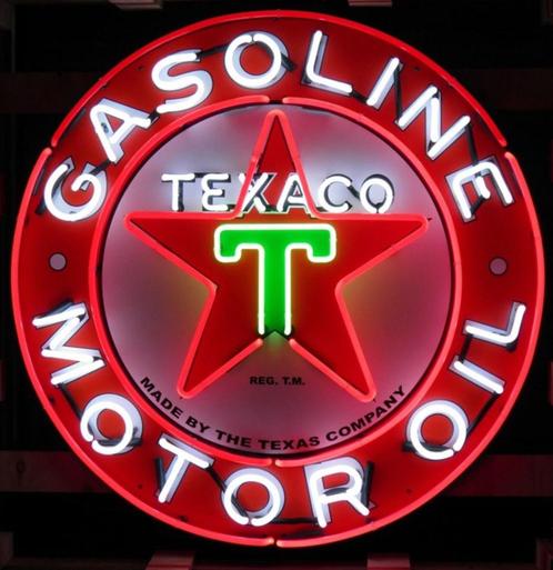 Large Texaco Motor Oil Logo Neon Sign with Backplate, Collections, Marques & Objets publicitaires, Comme neuf, Table lumineuse ou lampe (néon)