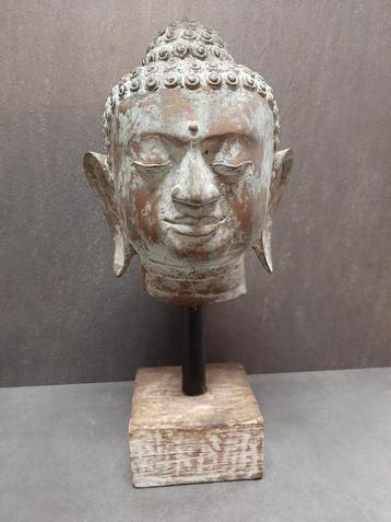 tète de bouddha en bronze sur socle en bois/Asie