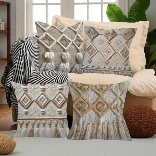 4x kussenhoezen macrame opdruk grijs bruin 45x45cm, Huis en Inrichting, Woonaccessoires | Kussens, Nieuw, Beige, Vierkant, Verzenden