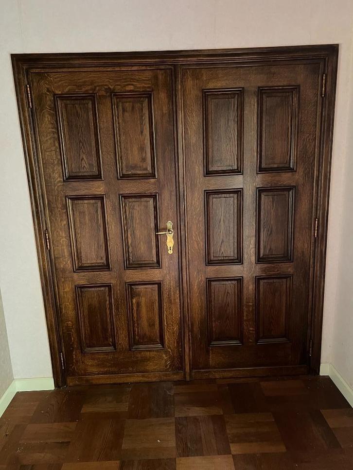 Dubbele Afrikaans eiken deur, Doe-het-zelf en Bouw, Deuren en Vliegenramen, Gebruikt, Binnendeur, 200 tot 215 cm, 120 cm of meer