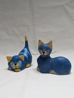 Chats en bois vintage art folklorique bleu et jaune, Ophalen, Gebruikt, Dier