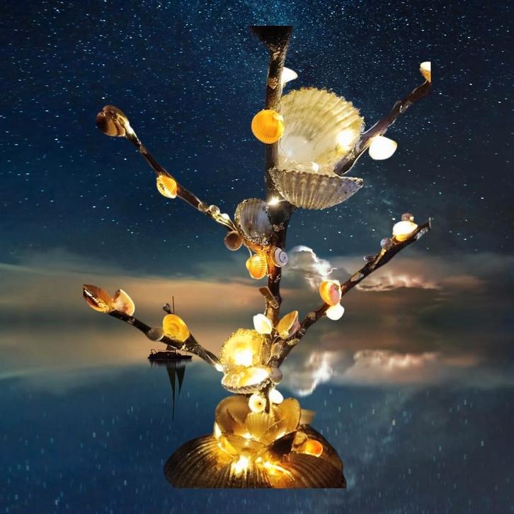 Arbre décoratif lumineux en coquillage et feuille d'or matér, Maison & Meubles, Lampes | Lampes de table, Comme neuf, Enlèvement ou Envoi