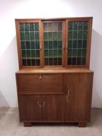 Vintage jaren’60 bureaukast/secretaire glas-in-lood-deuren, Jaren '60, Utilisé, Enlèvement ou Envoi