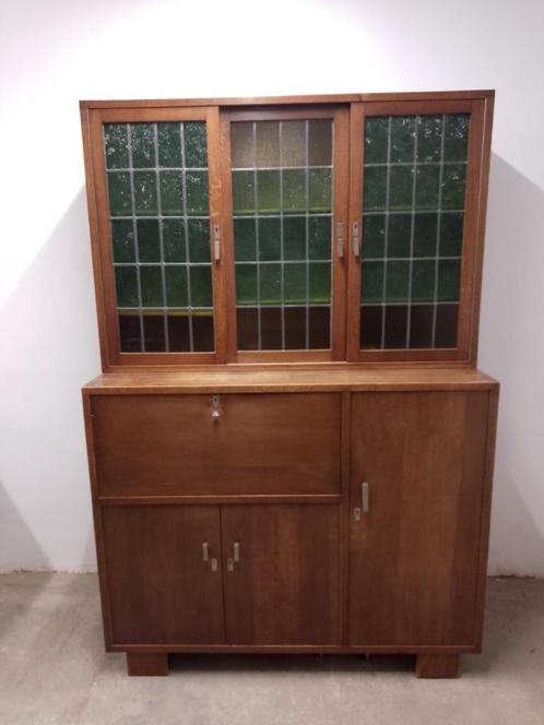 Vintage jaren’60 bureaukast/secretaire glas-in-lood-deuren, Maison & Meubles, Armoires | Secrétaires, Utilisé, Enlèvement ou Envoi