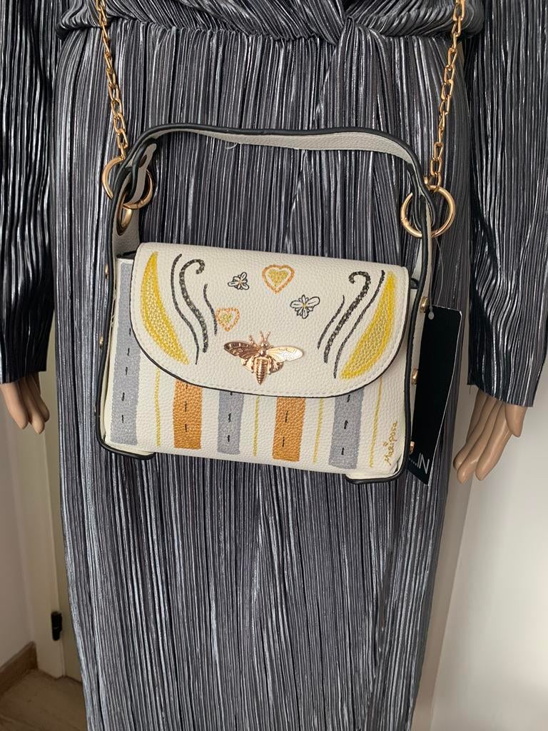 Sac blanc unique avec abeille et dessin peint à la main, Enlèvement ou Envoi, Neuf, Blanc, Sac à bandoulière