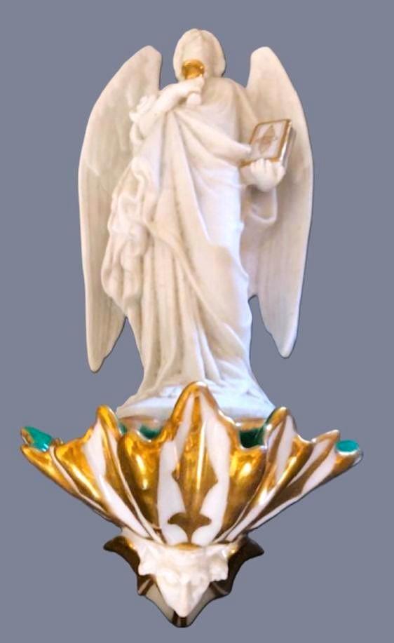 Biscuit porselein wijwatervat 31 cm engel met duivel, Antiek en Kunst, Antiek | Religieuze voorwerpen, Ophalen of Verzenden