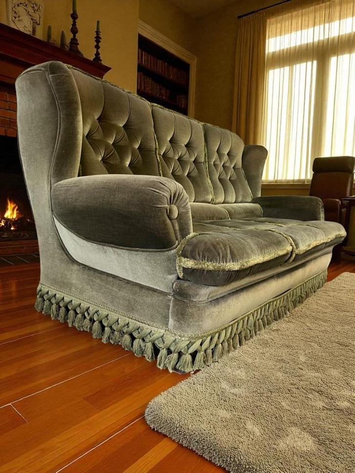 Vintage groene zetel / canapé / bank met franjes, Verzamelen, Retro, Ophalen of Verzenden