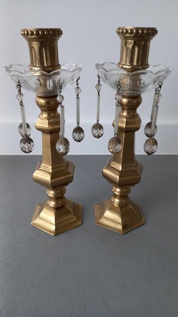 2 antieke kandelaars koper/glas, Antiek en Kunst, Ophalen of Verzenden