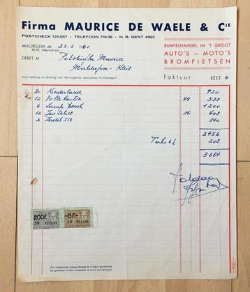 FACTUUR 1961 FIRMA MAURICE DE WAELE RIJWIELHANDEL IN 'T GROO beschikbaar voor biedingen