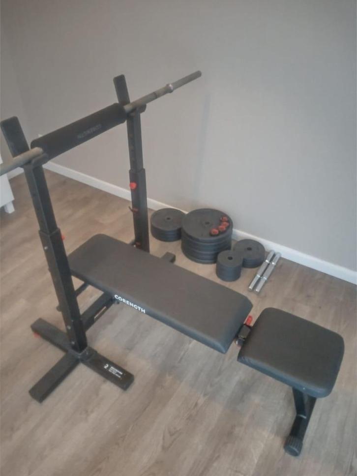Bench + Bar + Gewichten + Halters, Sport en Fitness, Fitnessapparatuur, Gebruikt, Ophalen