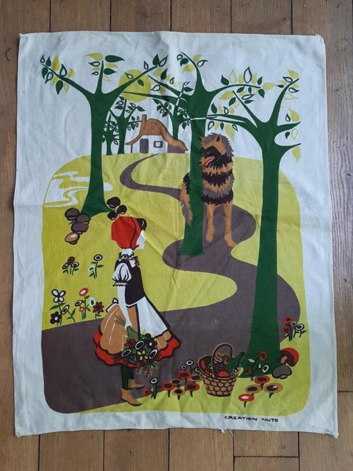 Vintage stof 1970 zeefdruk afbeelding Roodkapje en de wolf, Antiek en Kunst, Antiek | Woonaccessoires, Ophalen of Verzenden