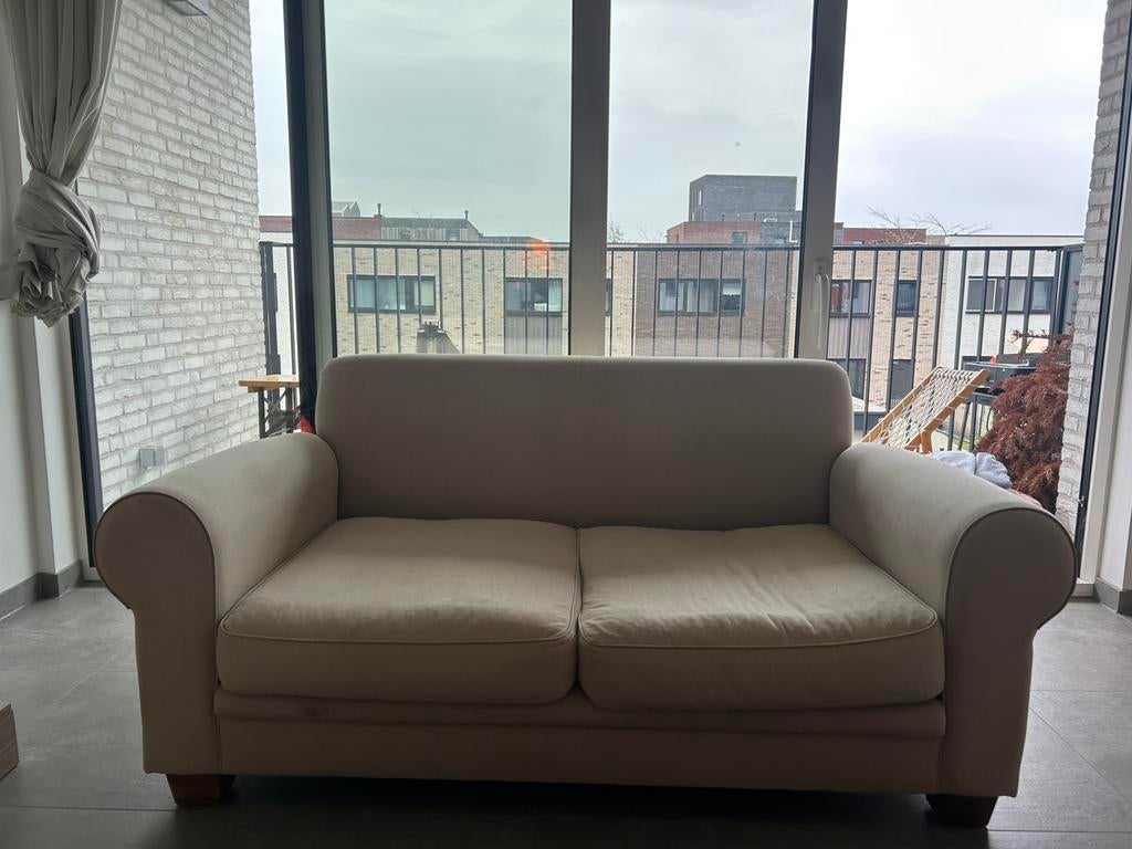 Beige driepersoons en tweepersoons zetel, Ophalen, Gebruikt, Driepersoons, Rechte bank