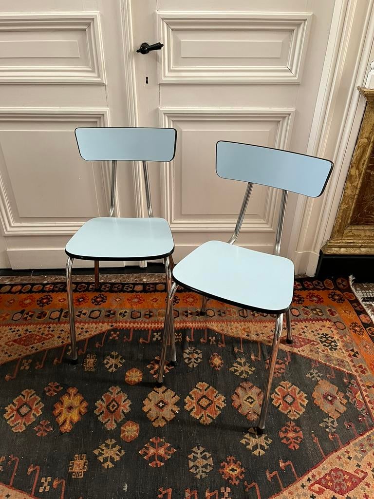 VINTAGE SET STOELEN RETRO KEUKENSTOEL CHROOM FORMICA BLAUW, Huis en Inrichting, Stoelen, Ophalen, Gebruikt, Twee, Blauw