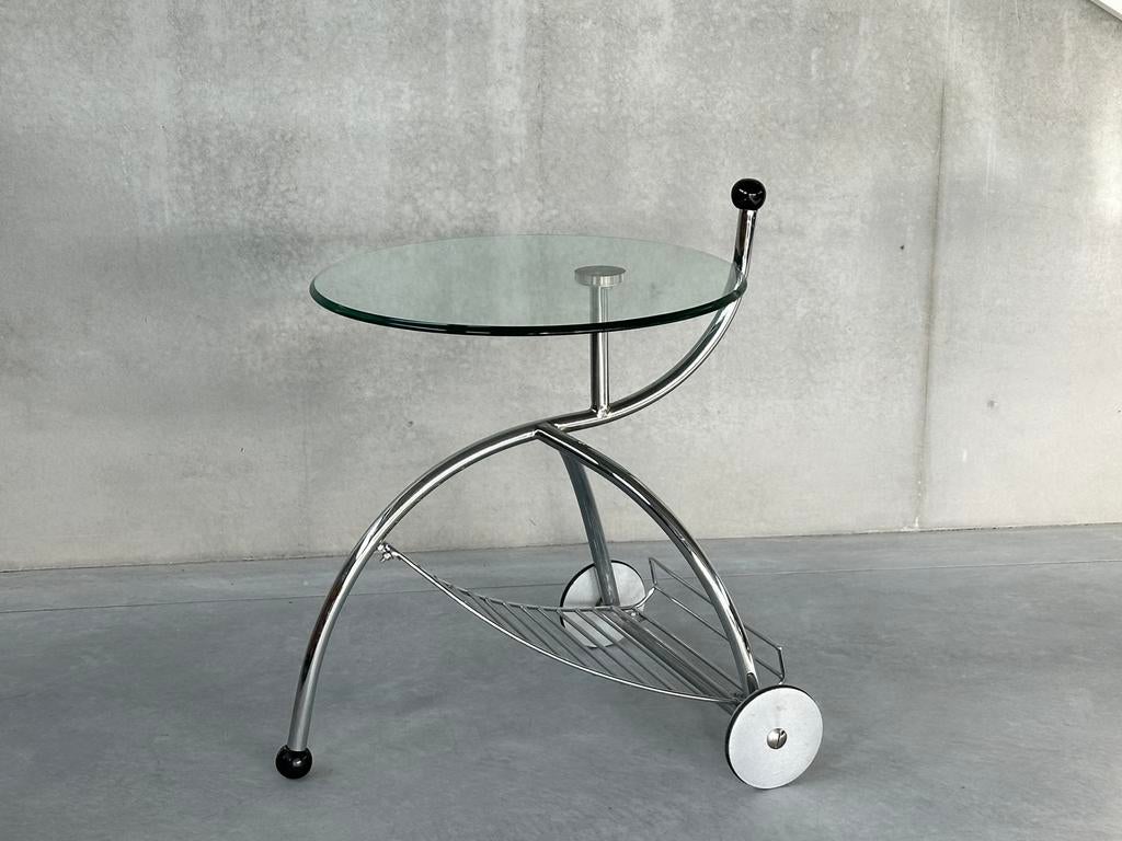 Mid Century Modernistische Bartrolley, Maison & Meubles, Tables | Tables d'appoint, Comme neuf, Rond, Verre, Enlèvement
