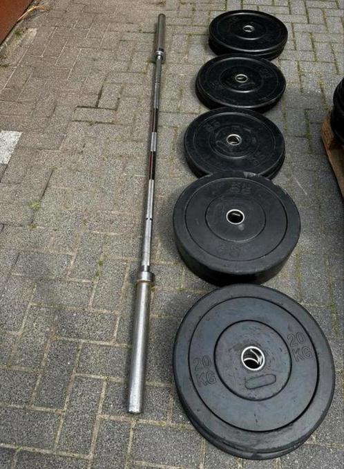 140kg Bumperplates + Olympische Barbell 220cm , 20kg, Sport en Fitness, Fitnessmaterialen, Gebruikt, Halterschijven, Ophalen