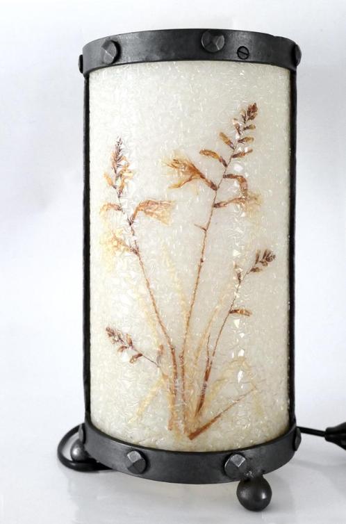 Lampe fer forgé, abat-jour en perspex décor d'herbier 1960's, Antiek en Kunst, Antiek | Verlichting, Ophalen
