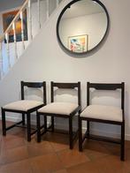 6 chaises bois foncé et tissu blanc - nouveau garnissage, Maison & Meubles, Comme neuf, Bois, Enlèvement ou Envoi, Blanc