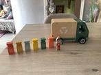 Houten speelgoed vuilniswagen met attributen (15x24 cm), Kinderen en Baby's, Ophalen of Verzenden, Zo goed als nieuw, Rij- of Hobbelspeelgoed