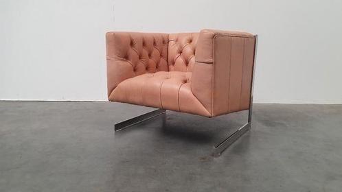 chesterfield vintage design fauteuil camel beige leer kubus, Huis en Inrichting, Zetels | Zetels, Gebruikt, Leer, Metaal, Ophalen