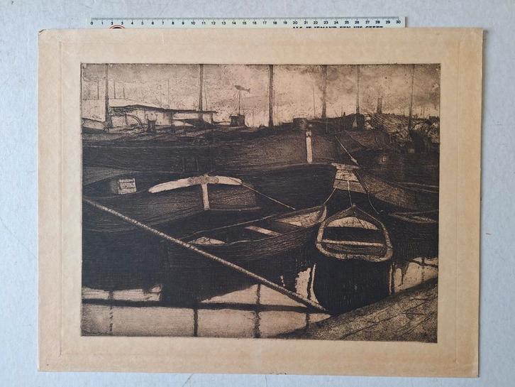 Originele ets van Charles Mertens "Boten op een rivier", Antiek en Kunst, Kunst | Etsen en Gravures, Ophalen of Verzenden