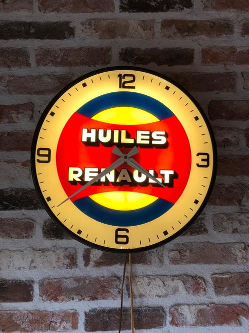 Oude glazen Renault Olie klok met verlichting, Verzamelen, Merken en Reclamevoorwerpen, Zo goed als nieuw, Lichtbak of (neon) lamp