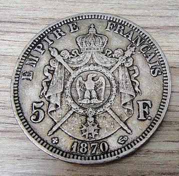 pièce 5 francs Napoléon III tête laurée 1870 France argent beschikbaar voor biedingen