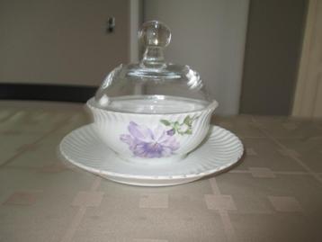 Vintage - Pot à beurre - Motif floral et cloche en verre