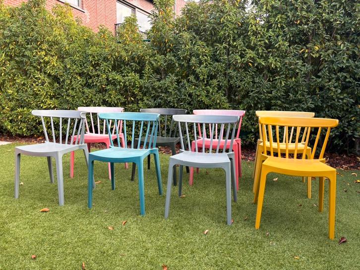 8 tuinstoelen Woood Bliss (in 5 kleuren), Tuin en Terras, Tuinstoelen, Gebruikt, Kunststof, Stapelbaar, Ophalen