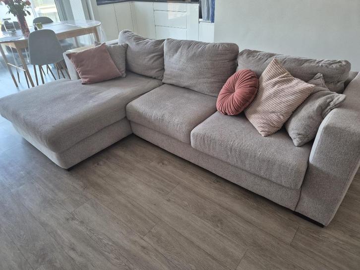 Grijze L zetel - chaisse longue links, Huis en Inrichting, Zetels | Zetels, Gebruikt, Hoekbank, Driepersoons, 250 tot 300 cm, 150 cm of meer