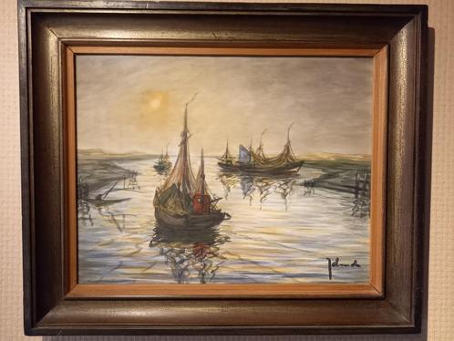 Theo Idserda, Aquarel Bootjes in de havengeul, 51x62cm, Antiek en Kunst, Kunst | Schilderijen | Klassiek, Ophalen of Verzenden