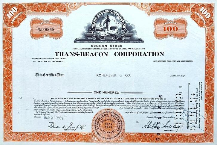 Trans Beacon Corporation (filmindustrie) 1969, Postzegels en Munten, Aandelen en Waardepapieren, Certificaat van aandeel, 1950 tot 1970