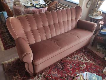 Oud roze vintage 3-zit zetel met franjes
