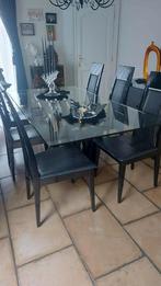 Glazen eettafel met 6 zwarte stoelen, Huis en Inrichting, Complete eetkamers, Ophalen