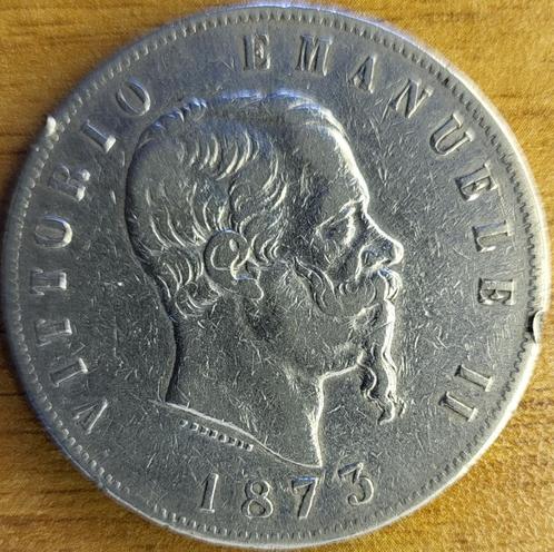 Italië 5 lire 1873 Ag.900 M BN Milaan KM#8.3 VF, Postzegels en Munten, Munten | Europa | Niet-Euromunten, Losse munt, Italië, Zilver
