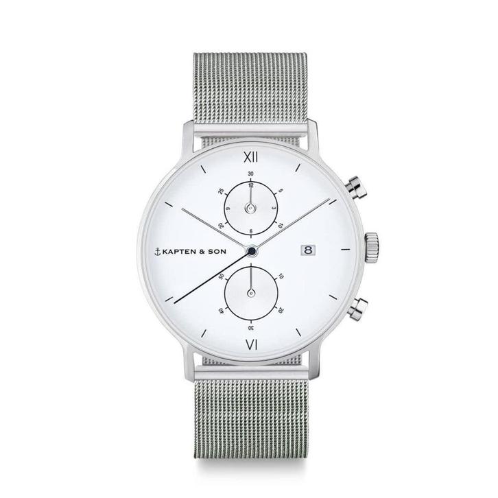 Horloge: Kapten & Son Chrono Silver Mesh – Elegant & Tijdloo, Handtassen en Accessoires, Horloges | Heren, Zo goed als nieuw, Polshorloge