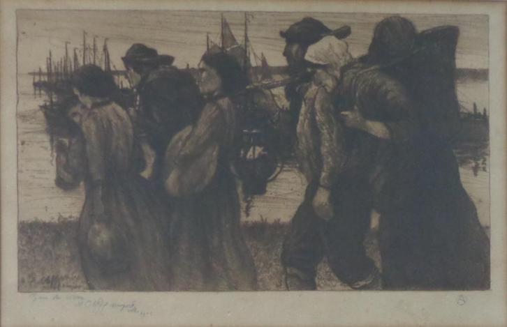 AUGUSTE OLEFFE / GENS DE MER / ZW-W ETS / 59x82cm KADER SIG, Antiek en Kunst, Kunst | Etsen en Gravures, Ophalen